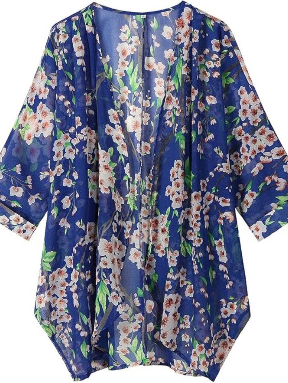 Women's Floral Print Sheer Chiffon 3/4 Cuffed Bat Sleeve Kimono Size XXL